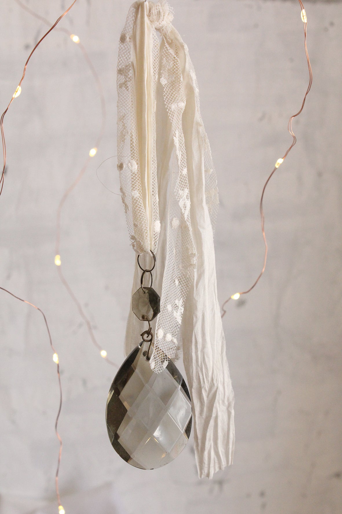 Antique French Faceted Smoked Glass Chandelier Drop With Antique Lace & Silk Hanger