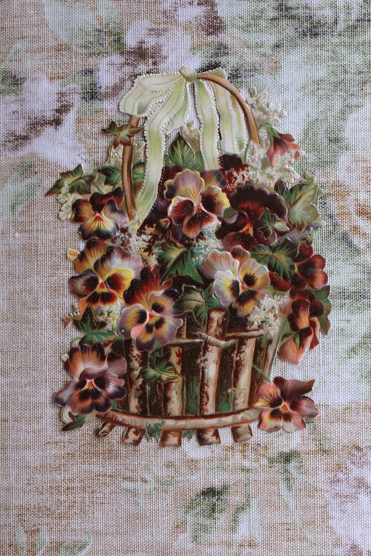 Large Victorian Embossed Die Cut - Basket of Violas