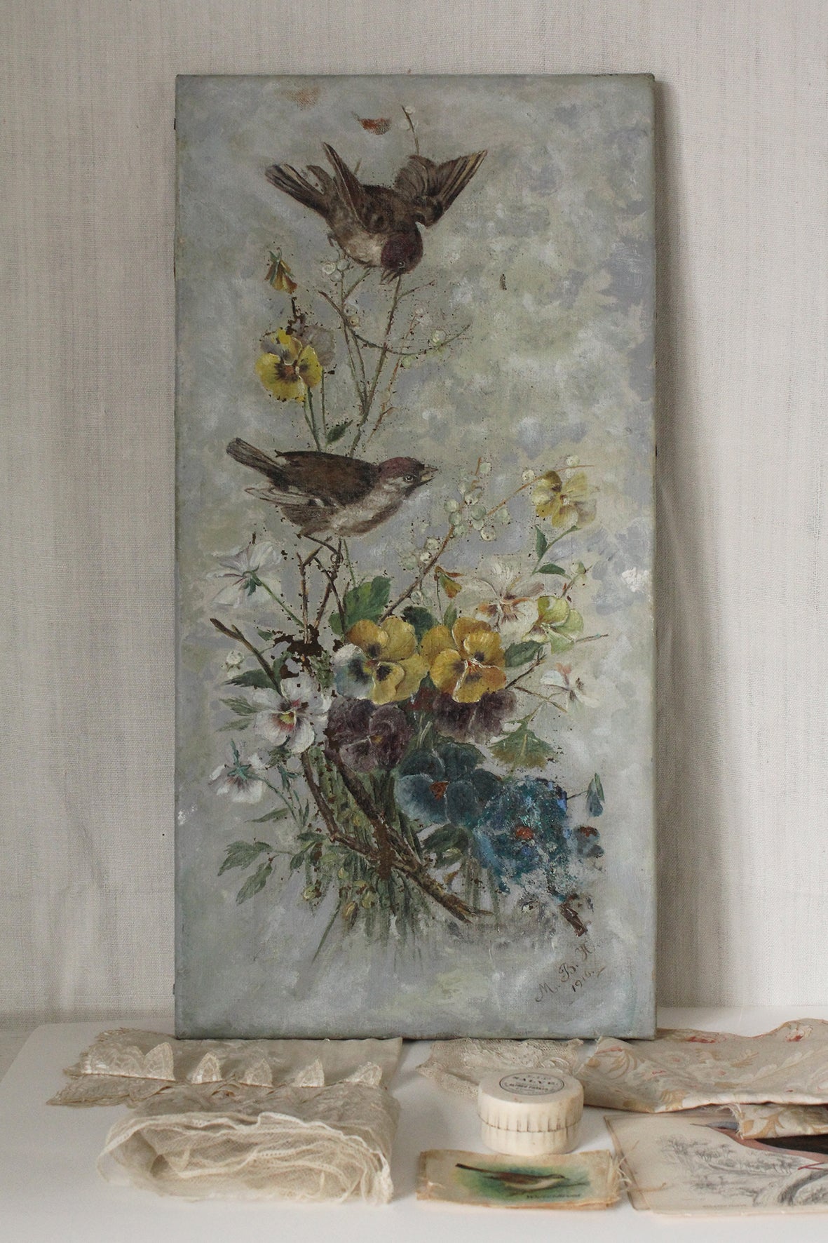 Antique Oil Painting on Canvas - Sparrows & Violas