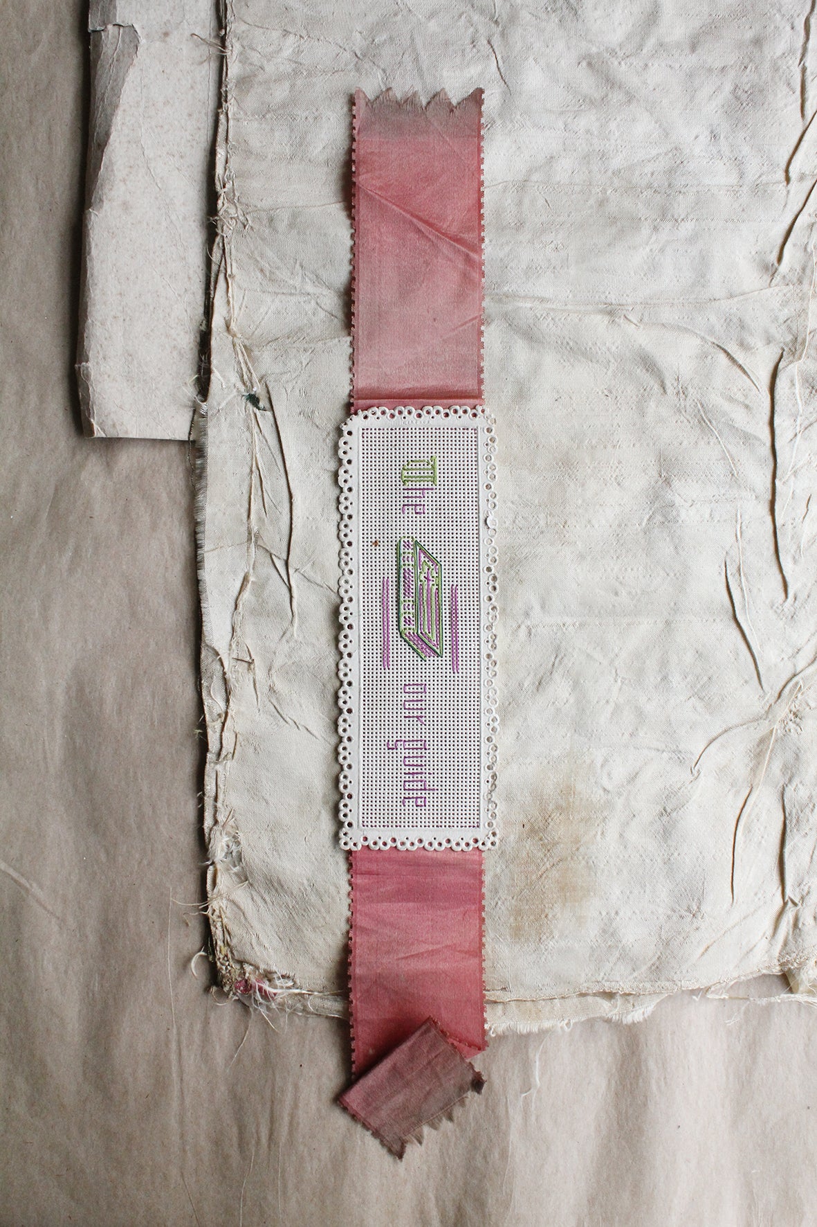 Old Punch Paper Embroidered Bookmark with Silk Ribbon Sash