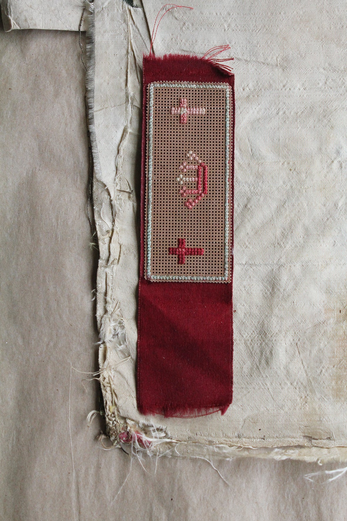 Old Punch Paper Embroidered Bookmark with A Damaged Silk Ribbon Sash