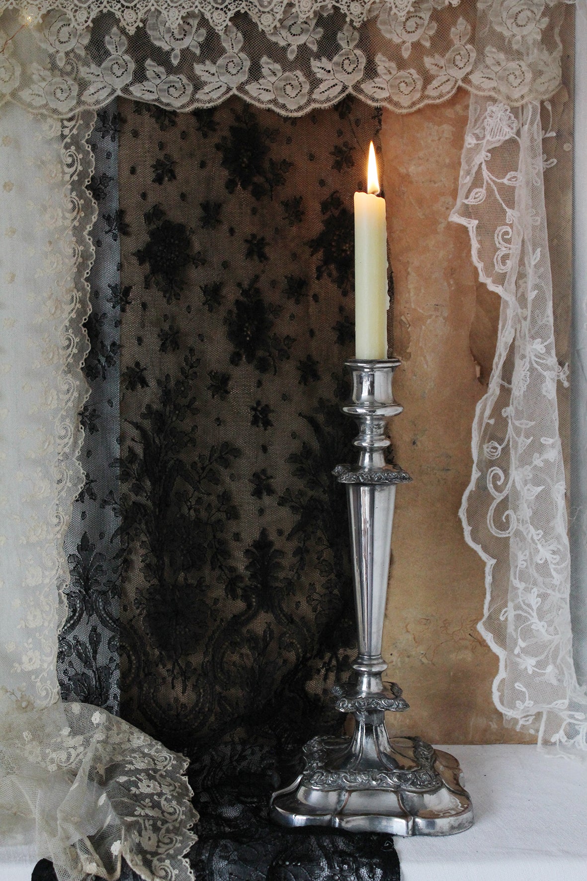 Exquisite Early Hand Made Sheffield Plate Tall Candlestick & Candle