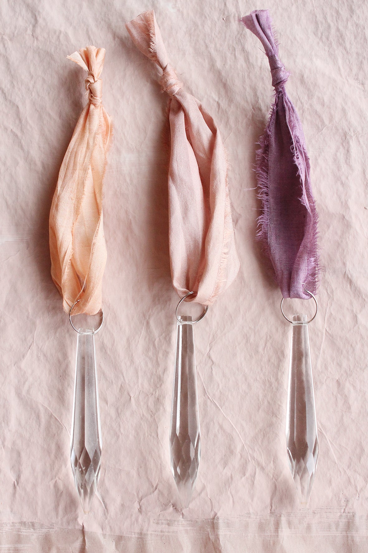 Trio of Antique Cut Glass Chandelier Drops With Pastel Toned Silk Hangers
