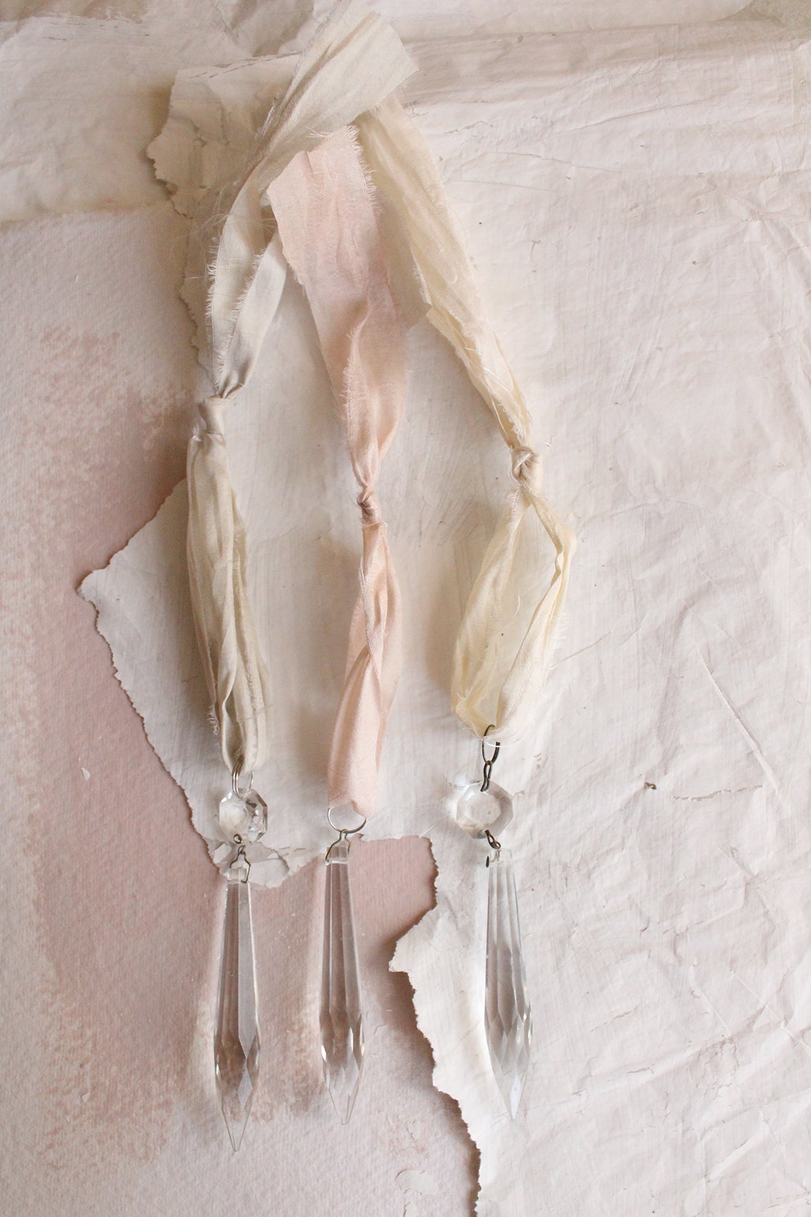 Trio of Antique Cut Glass Chandelier Drops With Gentle Toned Silk Hangers