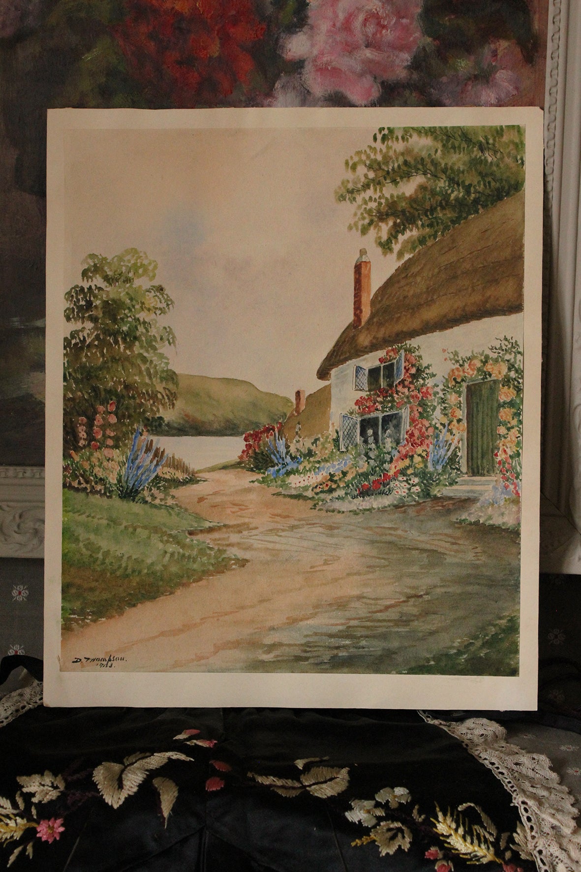 Old Detailed Watercolour - Cottage by The Lake