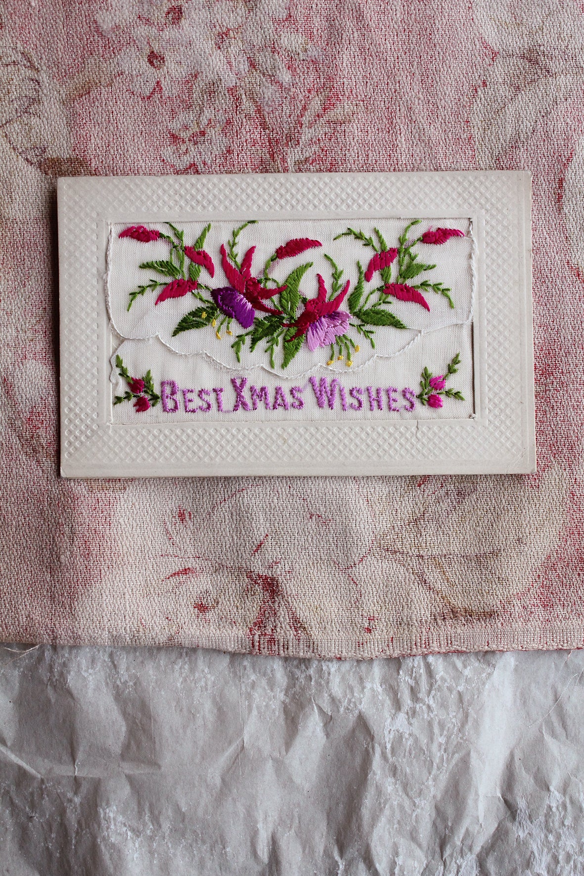 Old WW1 Embroidered Postcard - Fuschias