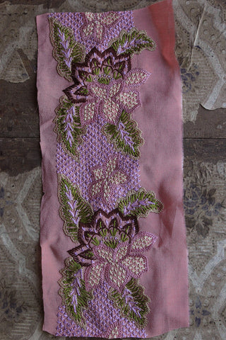 Vintage Hand Embroidered Floral Leaf Panel on A Salmon Pink Silk