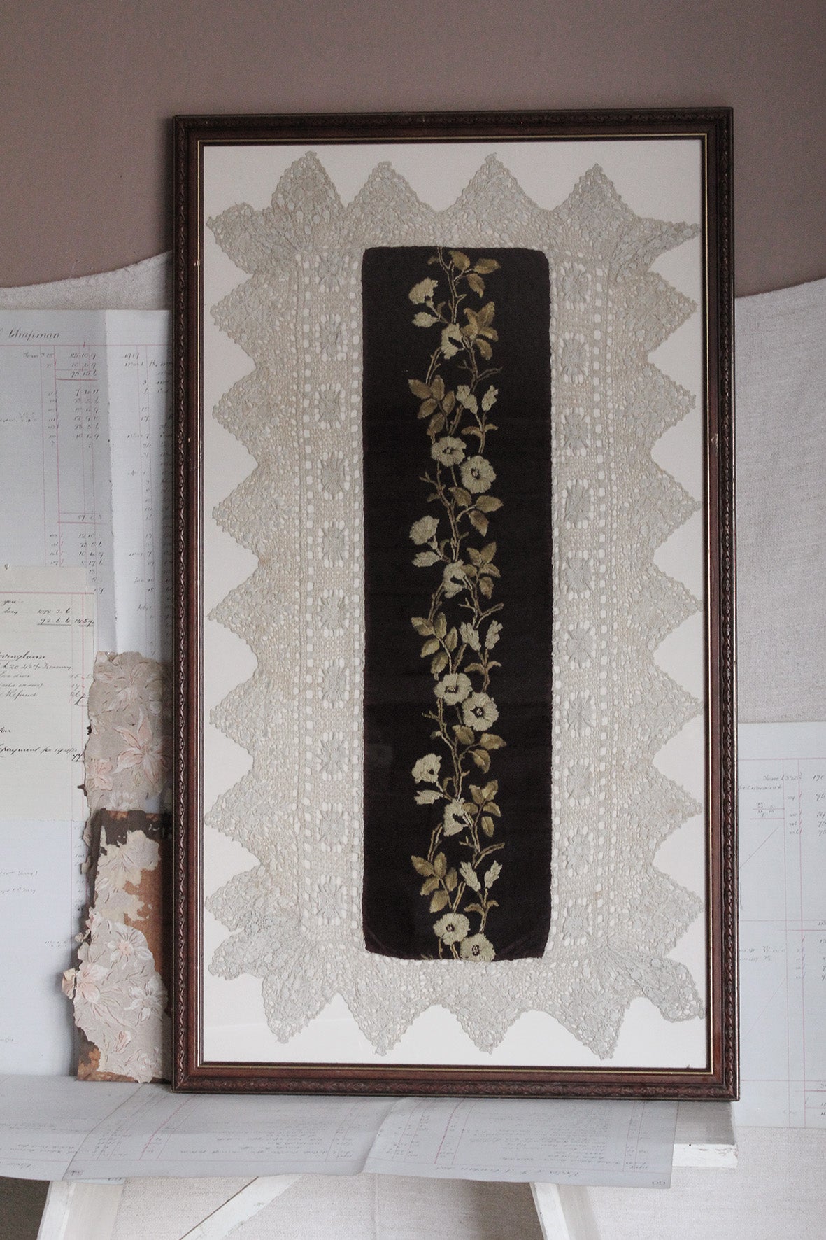 Beautiful Large Antique Hand Embroidered Panel & Hand Made Lace Border - Two