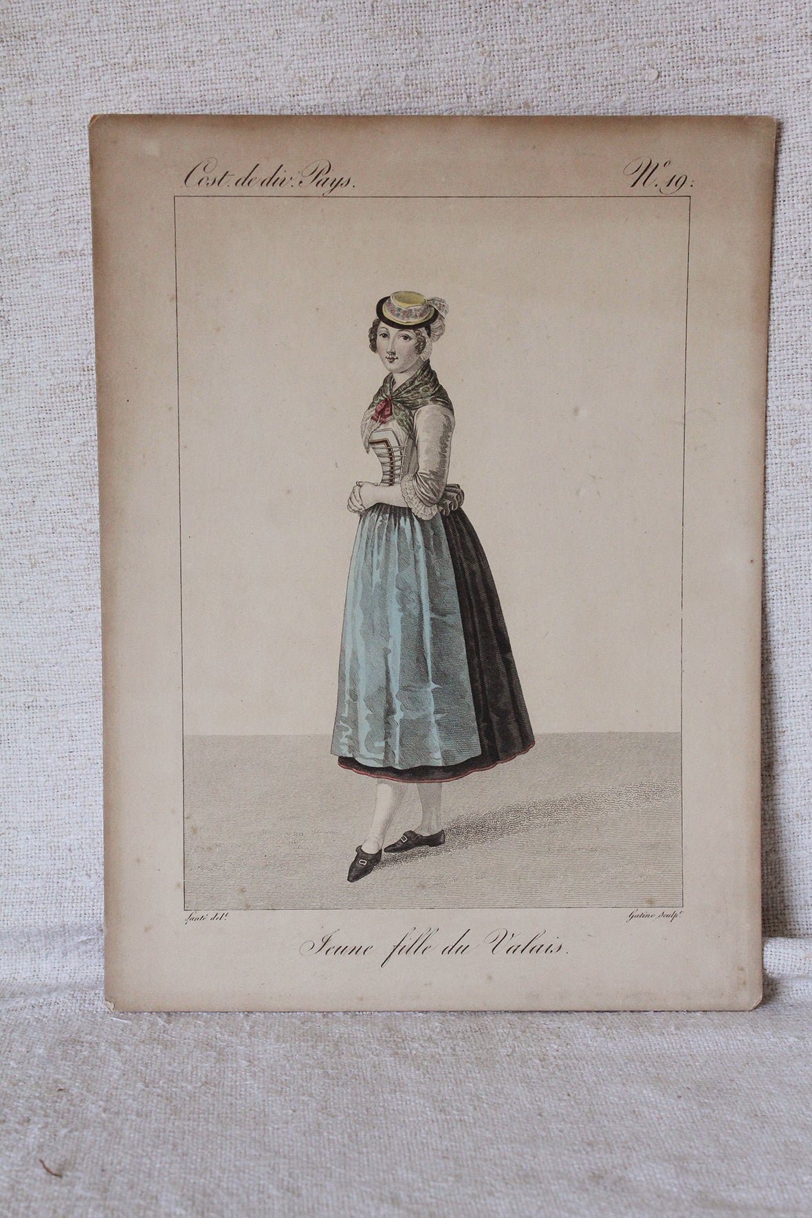 Beautiful Rare Hand Coloured Copperplate Engraving - Young Woman of Valais