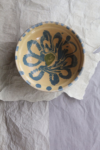 Old Small Romanian Slipware Folk Bowl - Marbled Flower