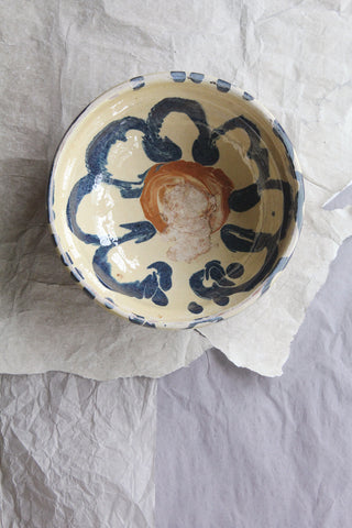 Old Small Romanian Slipware Folk Bowl - Blue Flower