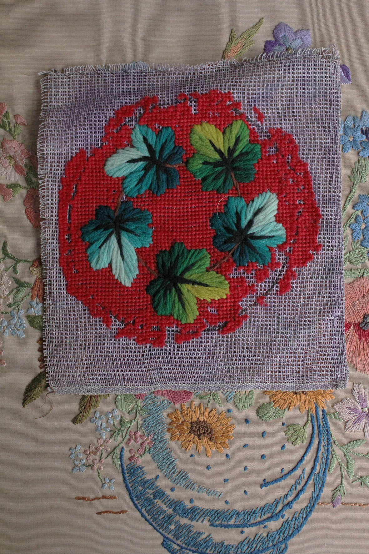 Hand Embroidered Thirties Sampler - Five Leaves