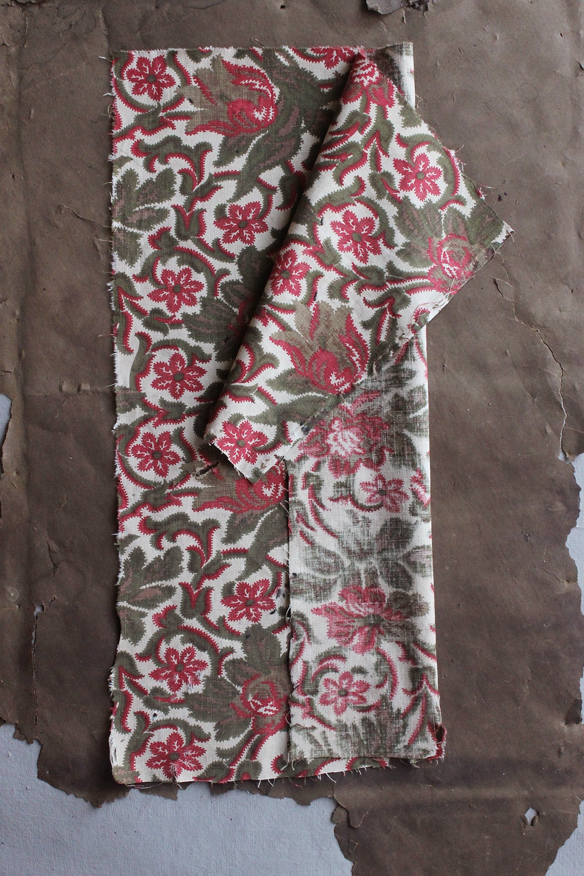Old French Cotton Fabric - Filigree in Olive & Red