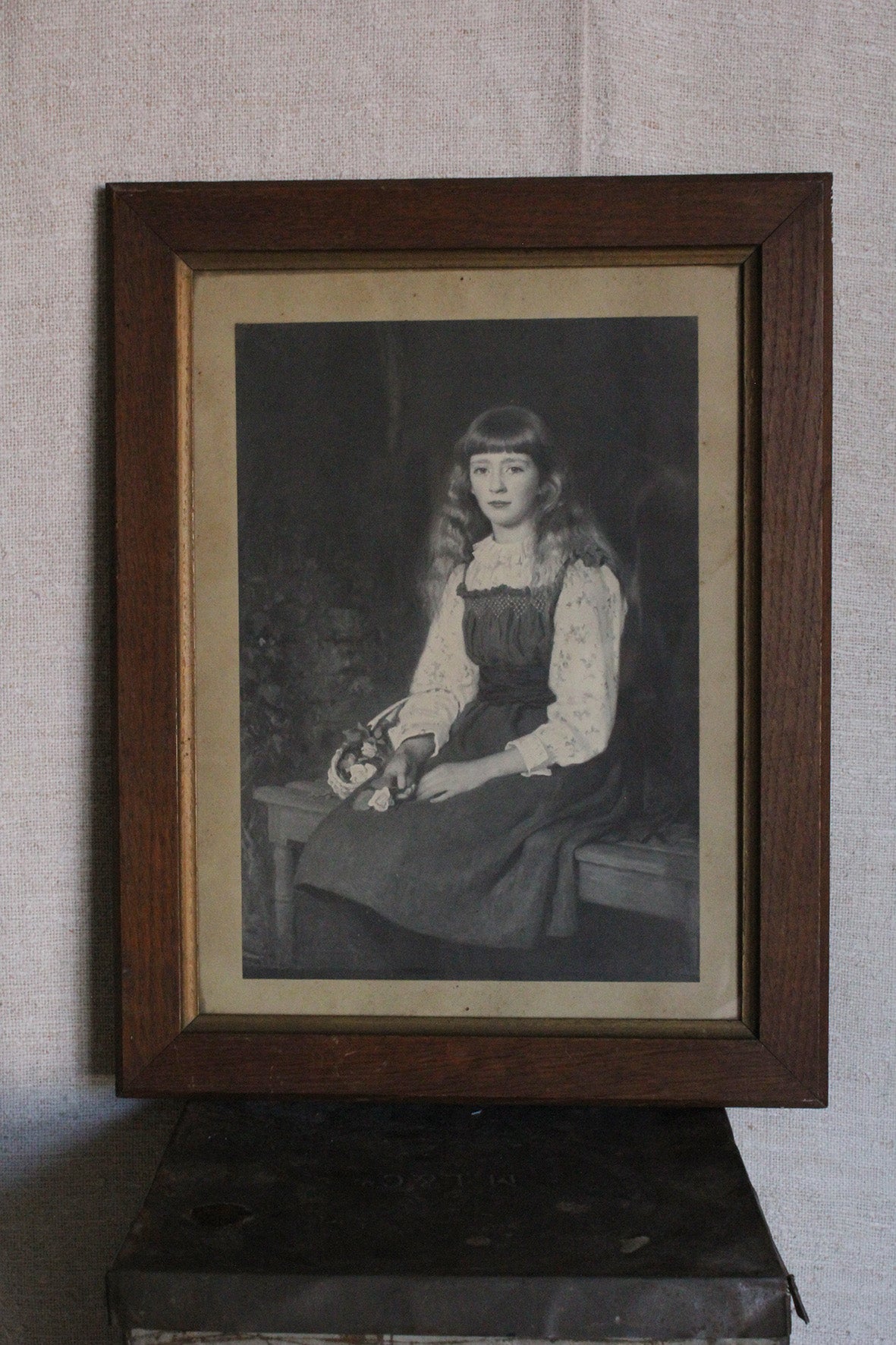 Old Print - Girl in Pretty Blouse Holding Roses