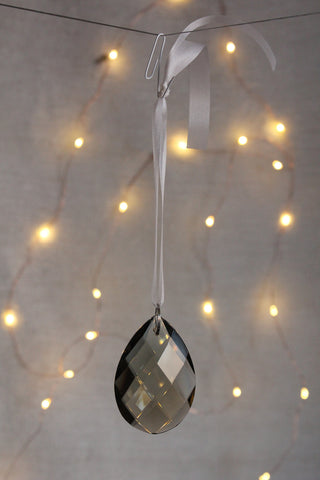 Antique French Faceted Smoked Glass Chandelier Drop With A White Ribbon Hanger