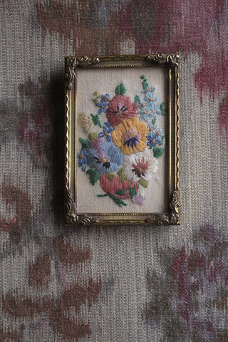 Rare Old Thirties Miniature Framed Hand Embroidery - Pansies & Forget-me-Nots (2)