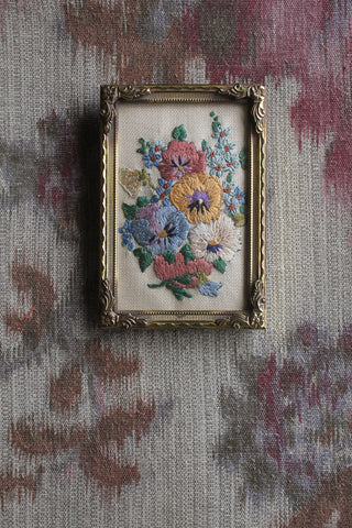 Rare Old Thirties Miniature Framed Hand Embroidery - Pansies & Forget-me-Nots (1)