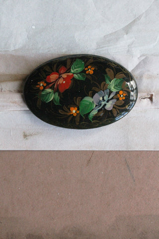 Vintage Hand Painted Wooden Brooch - Dark Floral