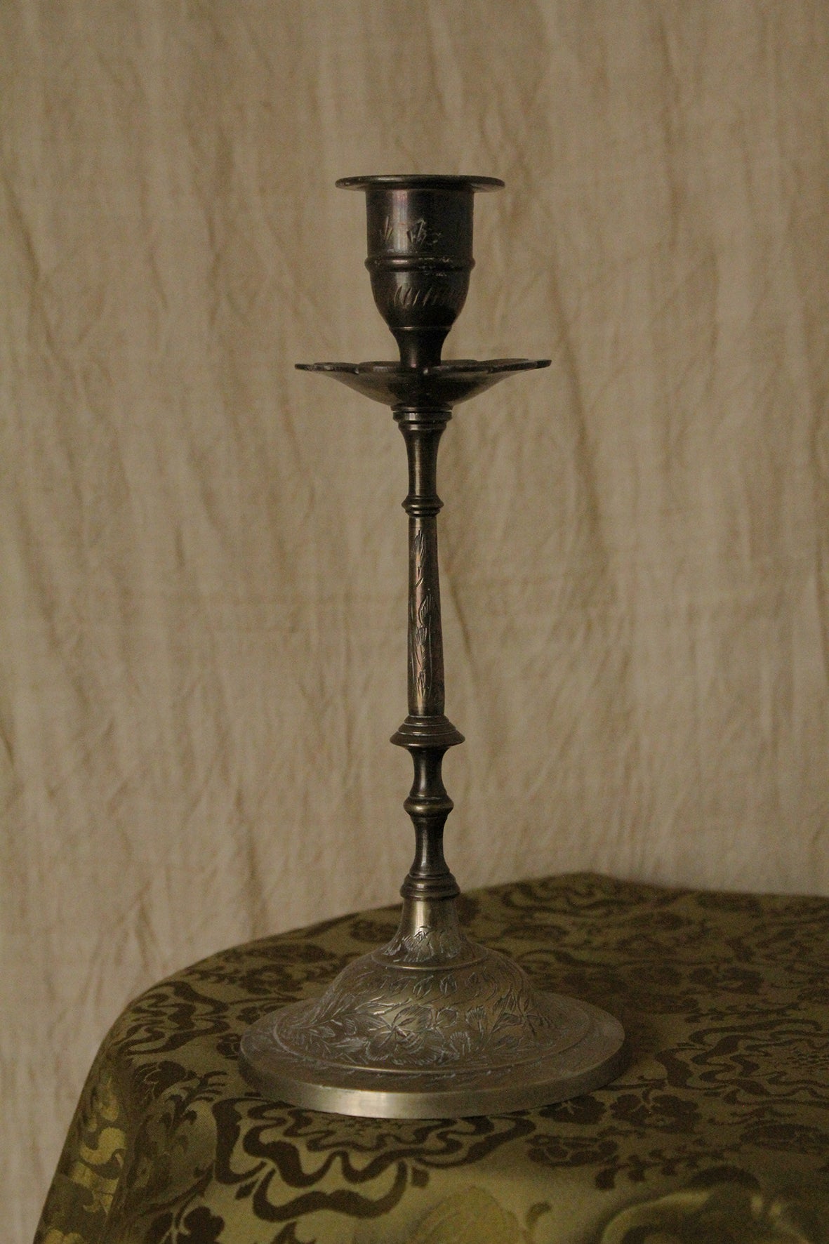 Indian Etched Brass Candlestick