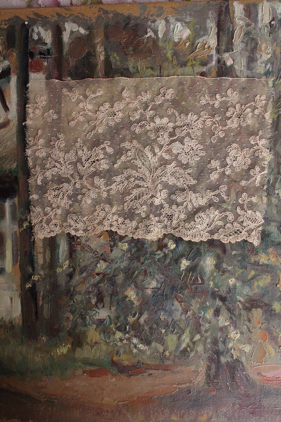 Old Couched Embroidered Netted Lace Panel Edging