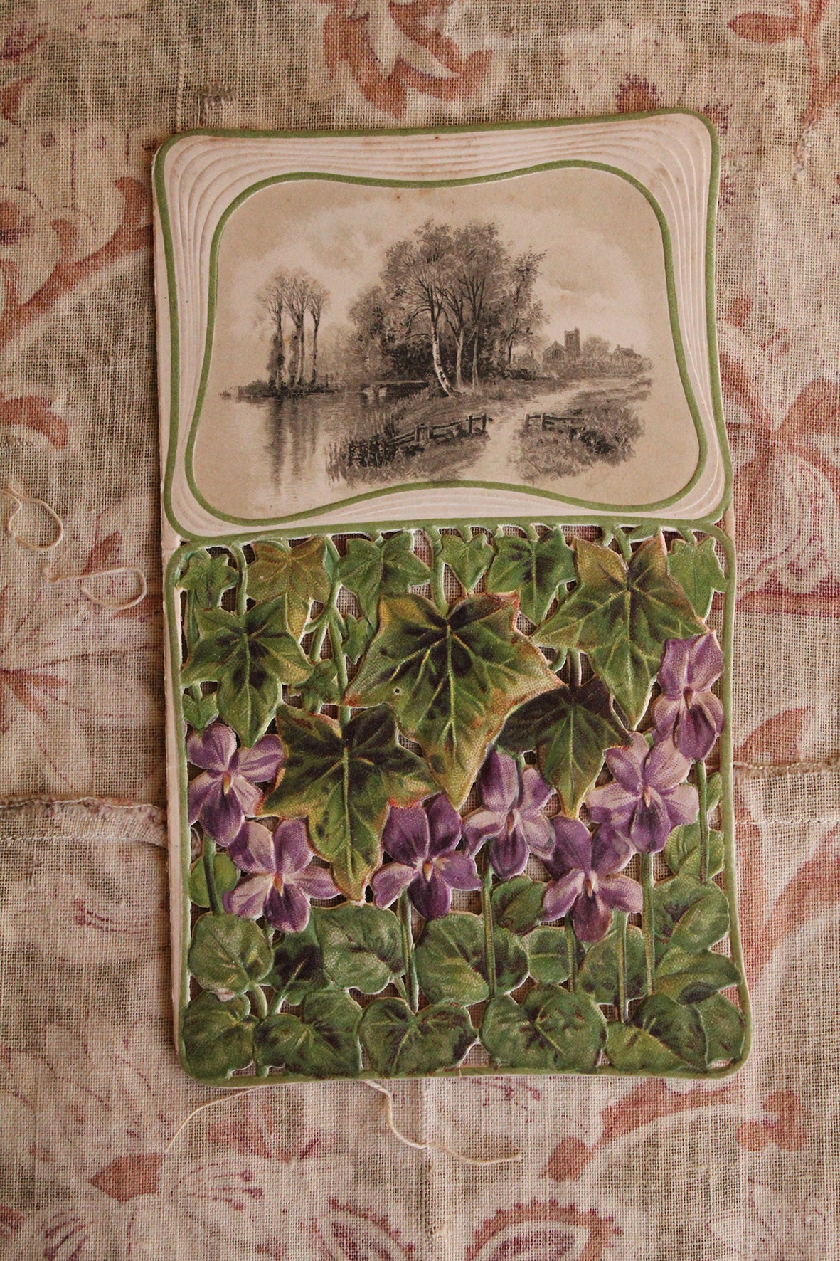 Old Reclaimed Greetings Card Front - Landscape and Violets