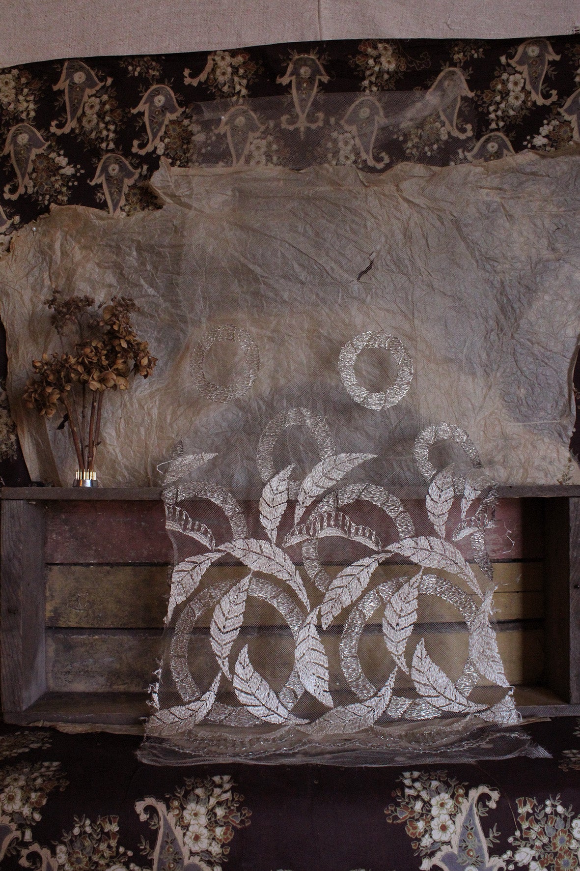 Antique Embroidered Floral Lace Sample with Fine Metallic Thread Details