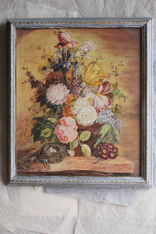 Vintage Detailed Floral Oil - Floral Arrangement with Nest