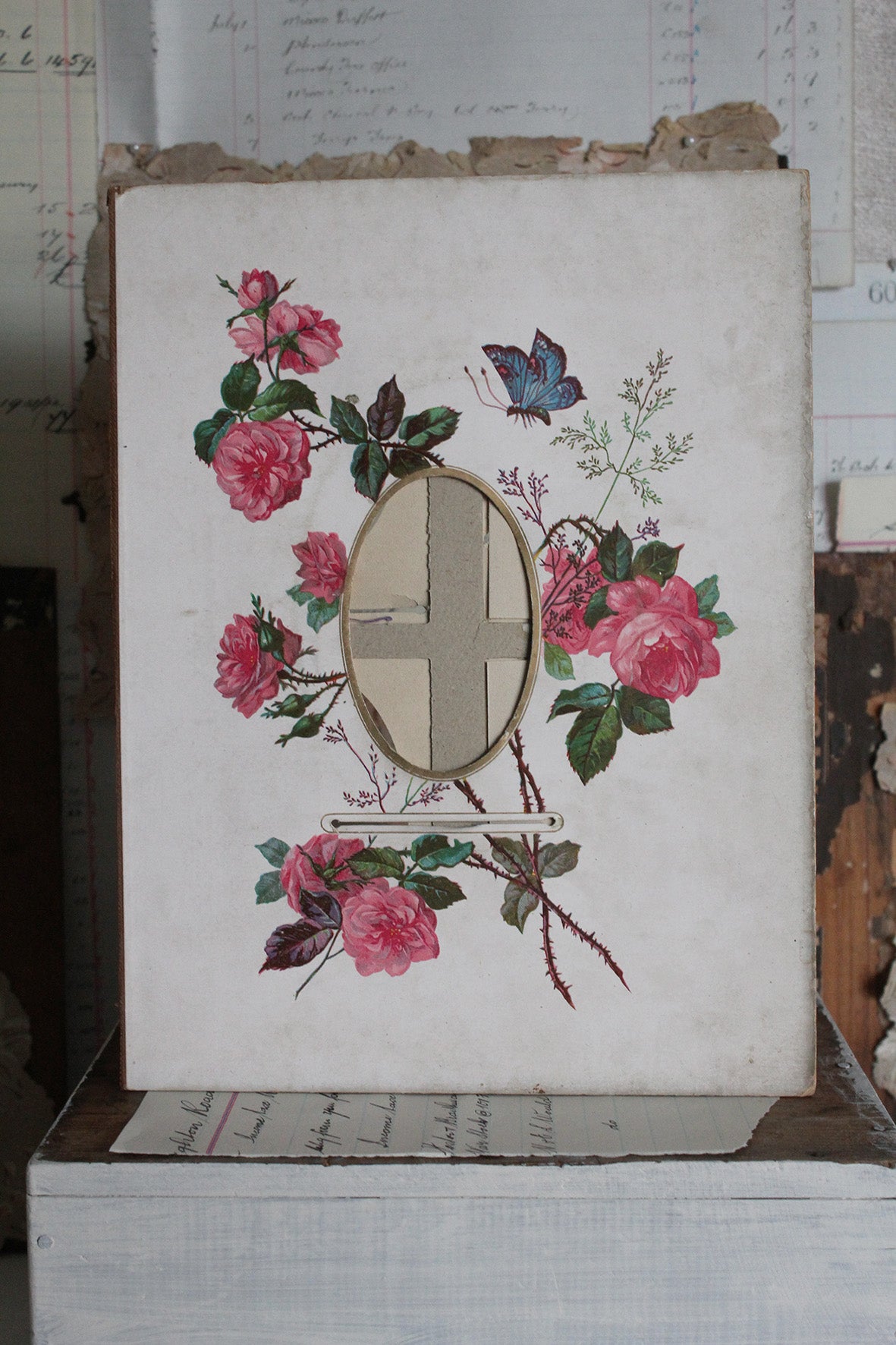 Old Victorian Photograph/Print Reclaimed Album Page - Roses & Butterfly