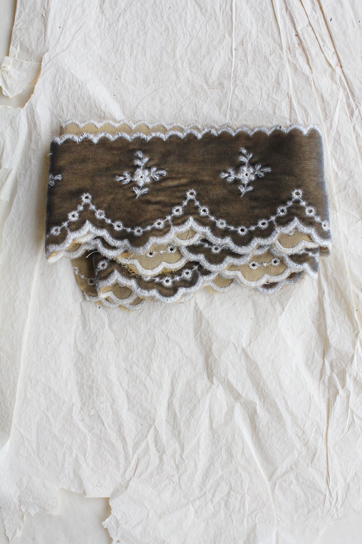 Beautiful Rare Vintage Embroidered Velvet Ribbon - Olive Gold
