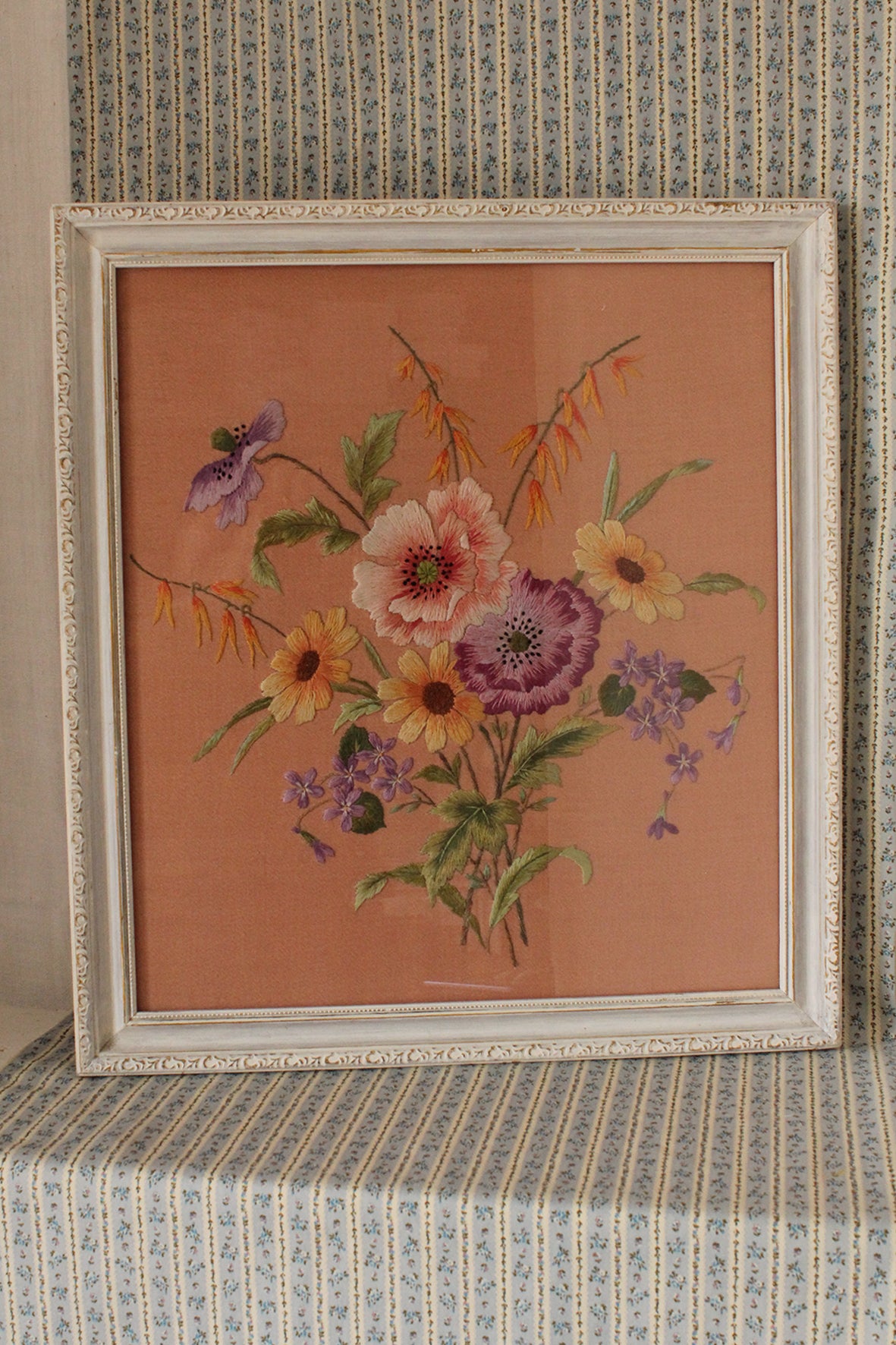 Beautiful Framed Floral Hand Embroidery in Silk