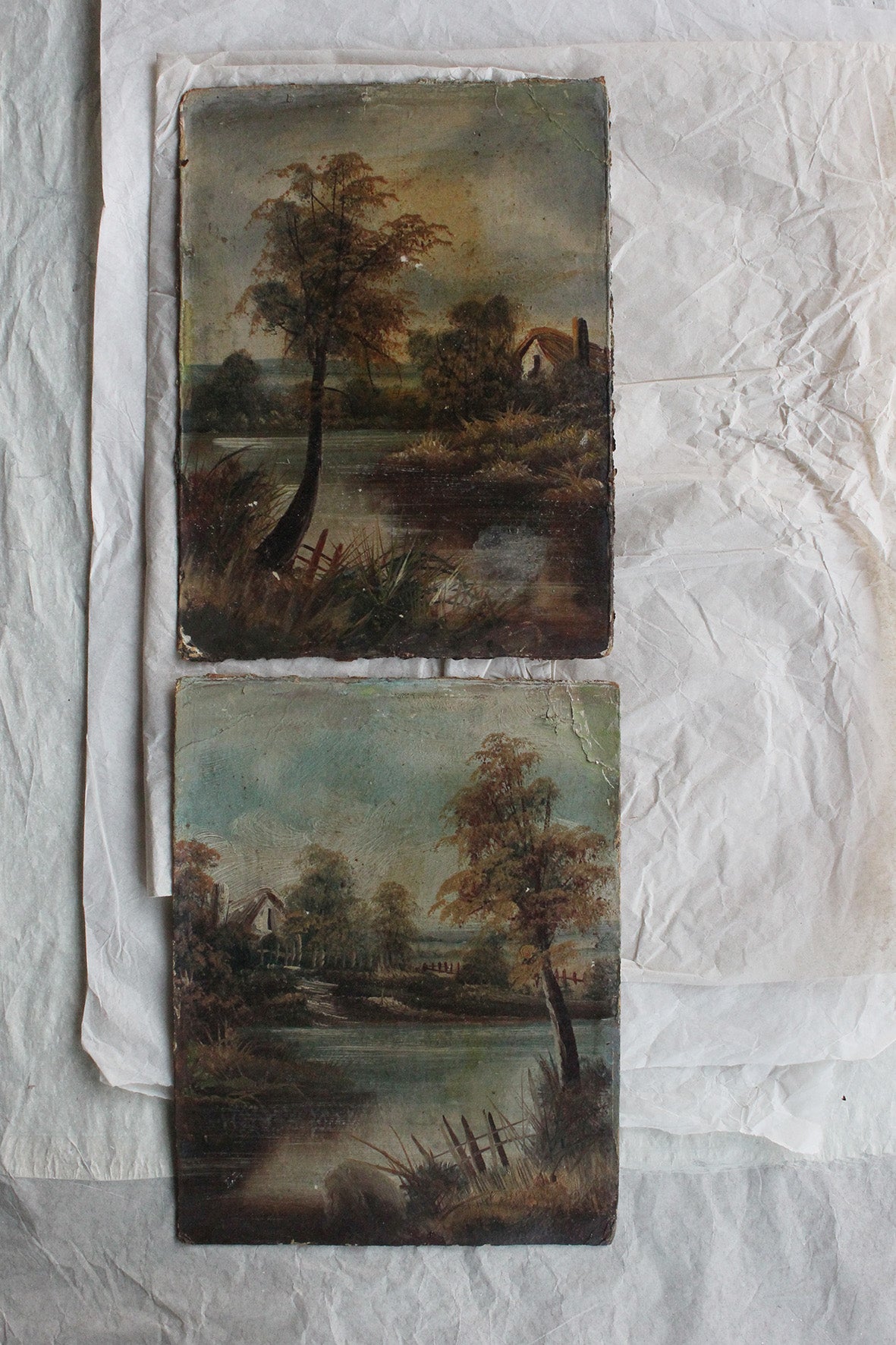Old Small Landscape Oil Paintings on Board