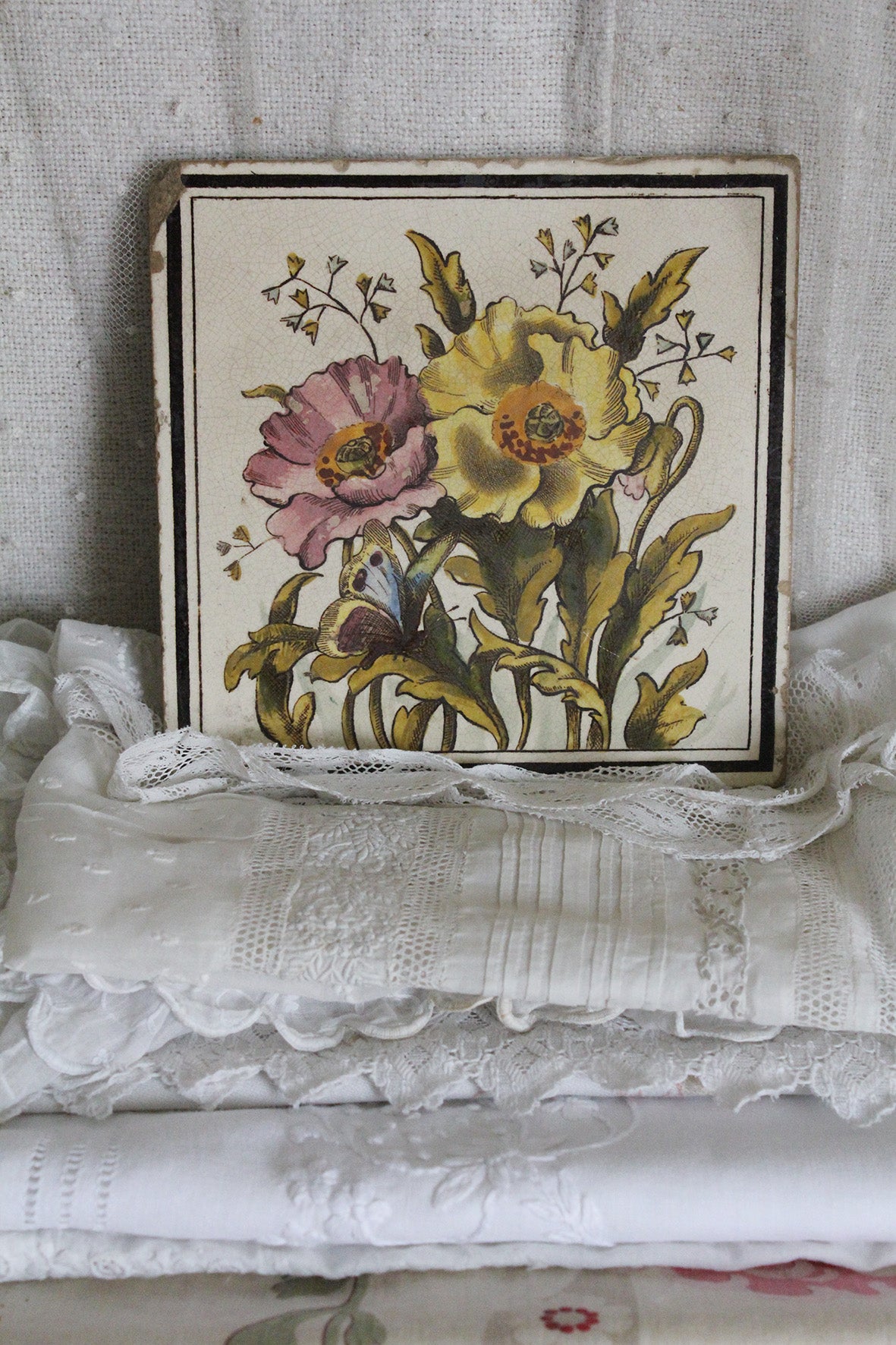 Old Rare Floral Tile - Papavers & Butterfly
