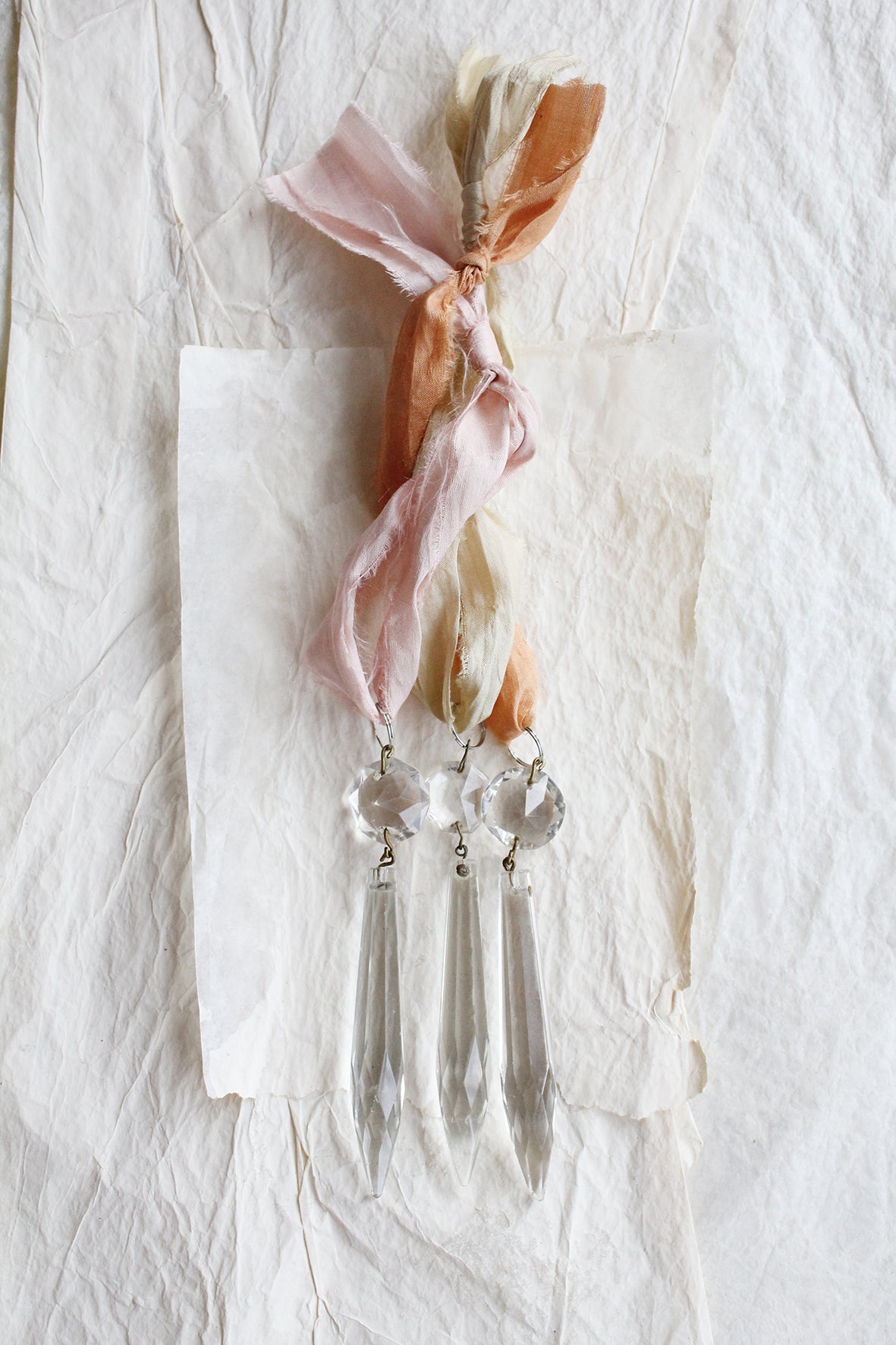 Trio of Antique Cut Glass Chandelier Drops With Patisserie Toned Silk Hangers