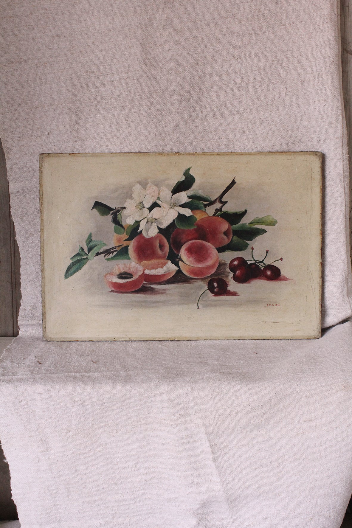 Old Edwardian Oil Painting - Peaches and Blossom