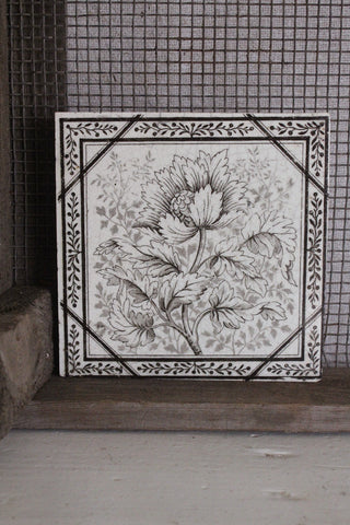 Old Rare Floral Victorian Tile - Linear Peony & Delicate Foliage