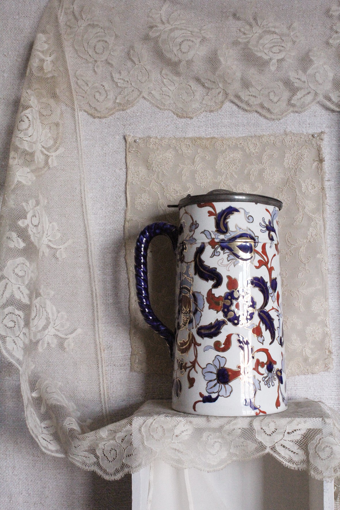 Victorian Ridgeway Hand Painted Pitcher with Pewter Lid
