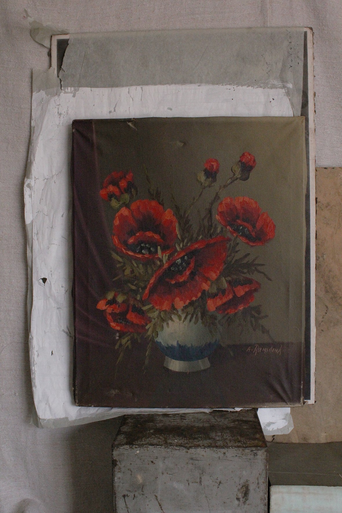 Old Oil Painting on Canvas - Poppies in Blue Vase