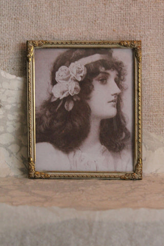 Beautiful Old Edwardian Decorative Pressed Metal Frame With A Quiet Portrait Print (1)