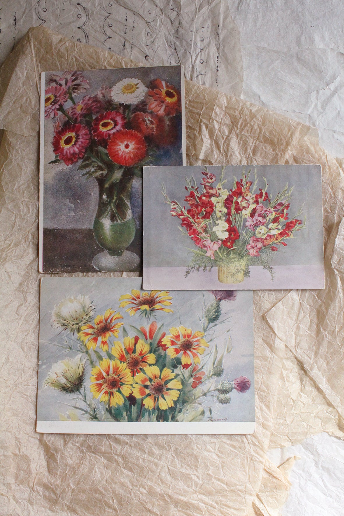 Old Postcard Trio - Floral Arrangements