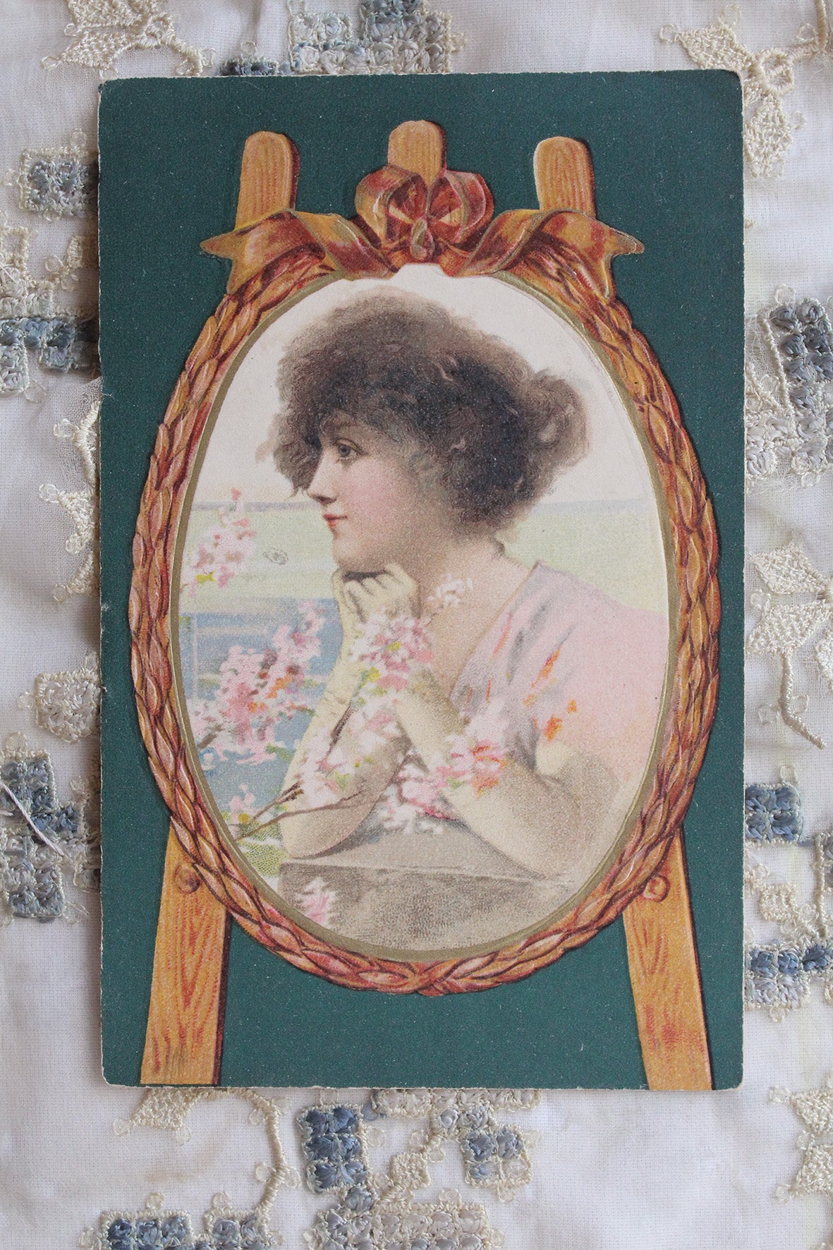 Old Postcard - Girl with Blossom in Easel