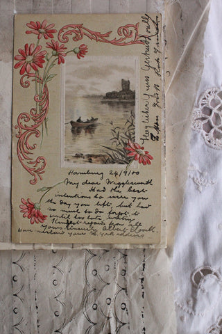 Old Silk Postcard - Violas and Landscape