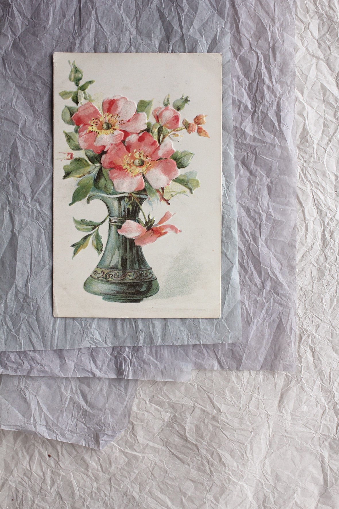 Old Embossed Postcard - Posy Vase of Roses