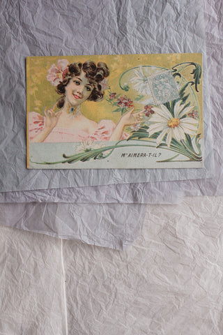 Beautiful Old French Postcard - Will He Love Me?