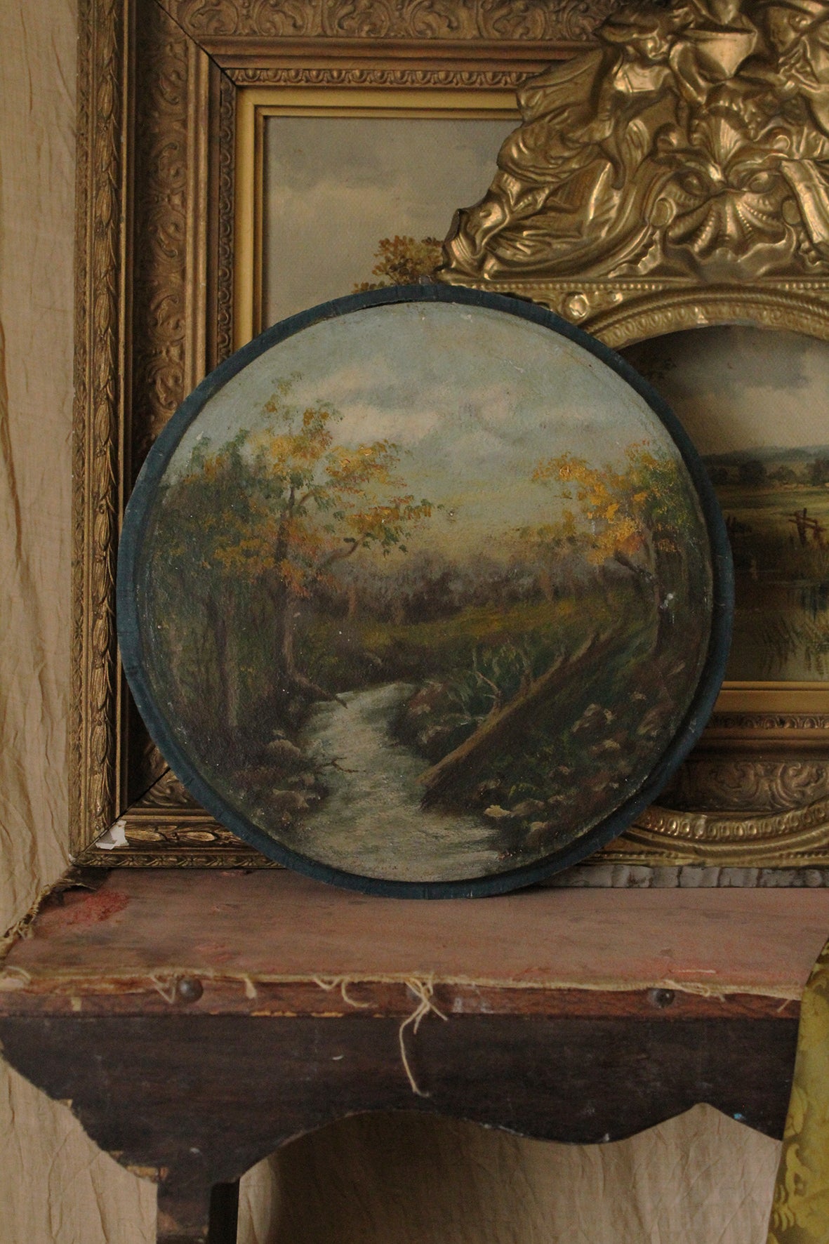 Lovely Old Circular Landscape in Oil on Linen