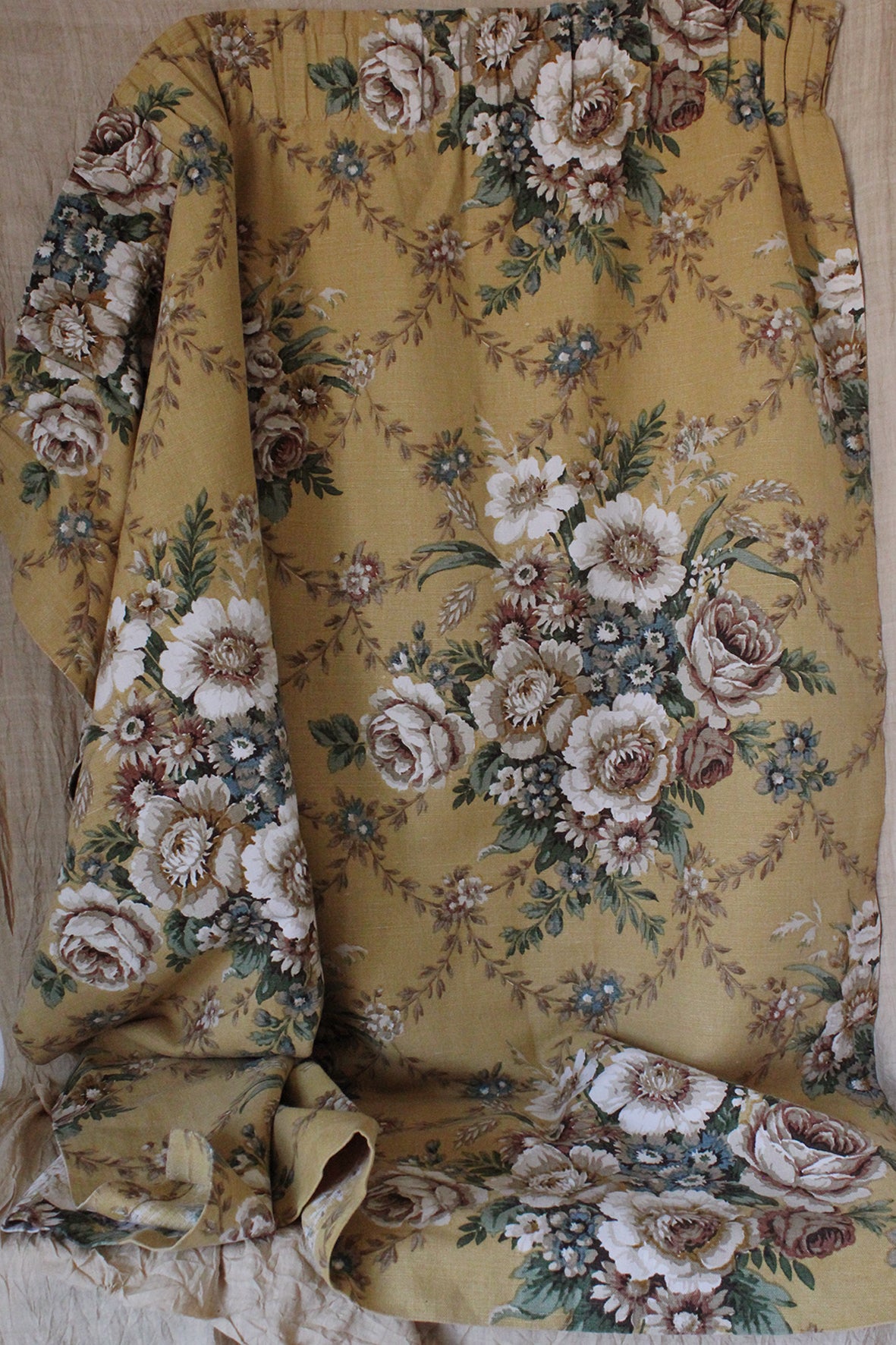 Vintage Sanderson Mustard Floral Single Linen Curtain