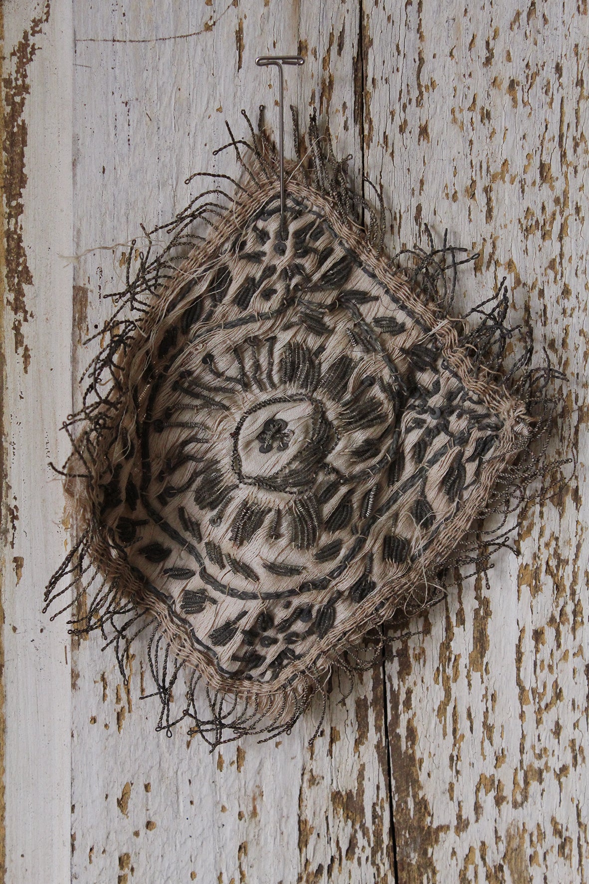 Old Hand Embroidered & Beaded Fringed Silk Panel