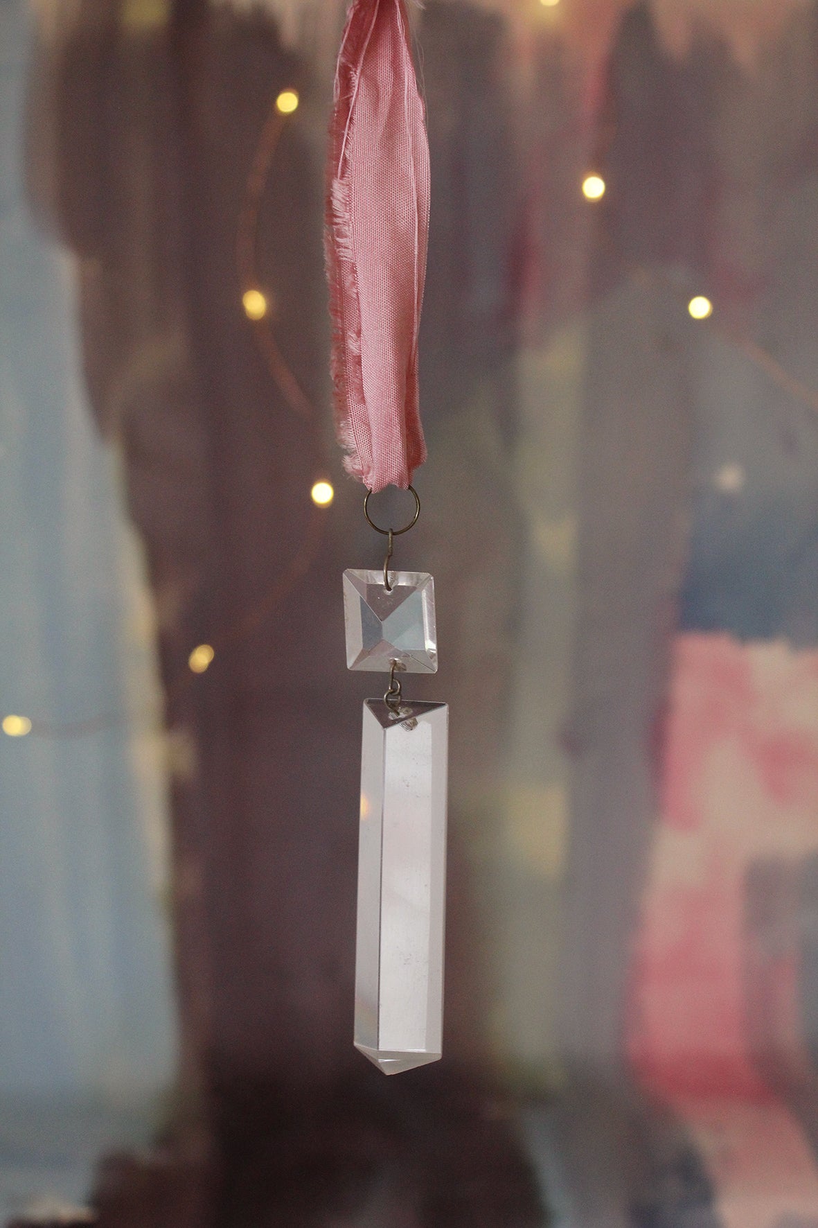 Antique Cut Glass Chandelier Drop with A Rose Pink Silk Hanger