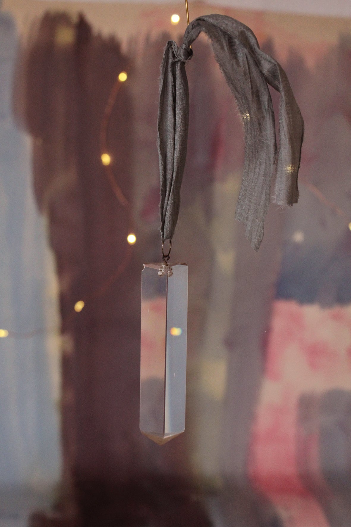 Antique Cut Glass Chandelier Drop With A Faded French Blue Silk Hanger