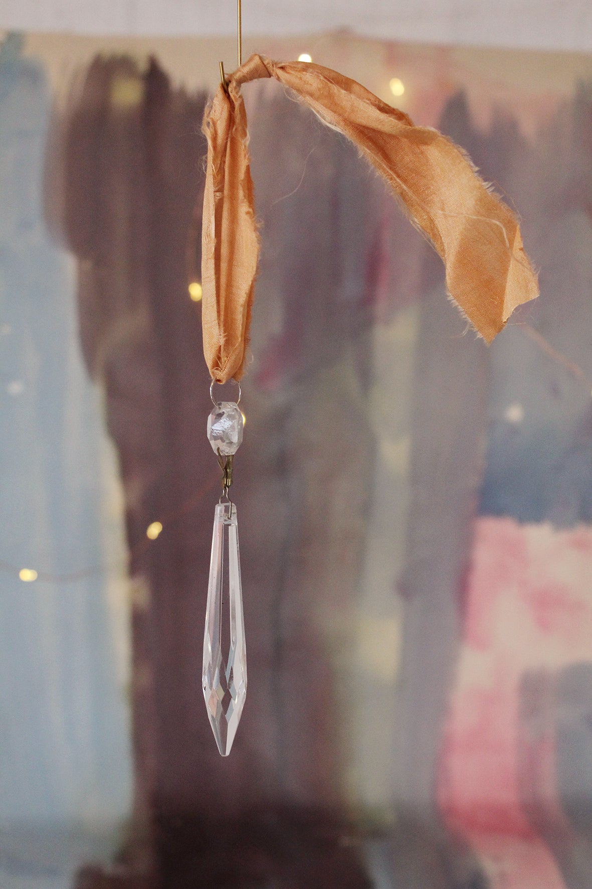 Antique Cut Glass Chandelier Drop with An Apricot Gold Silk Hanger