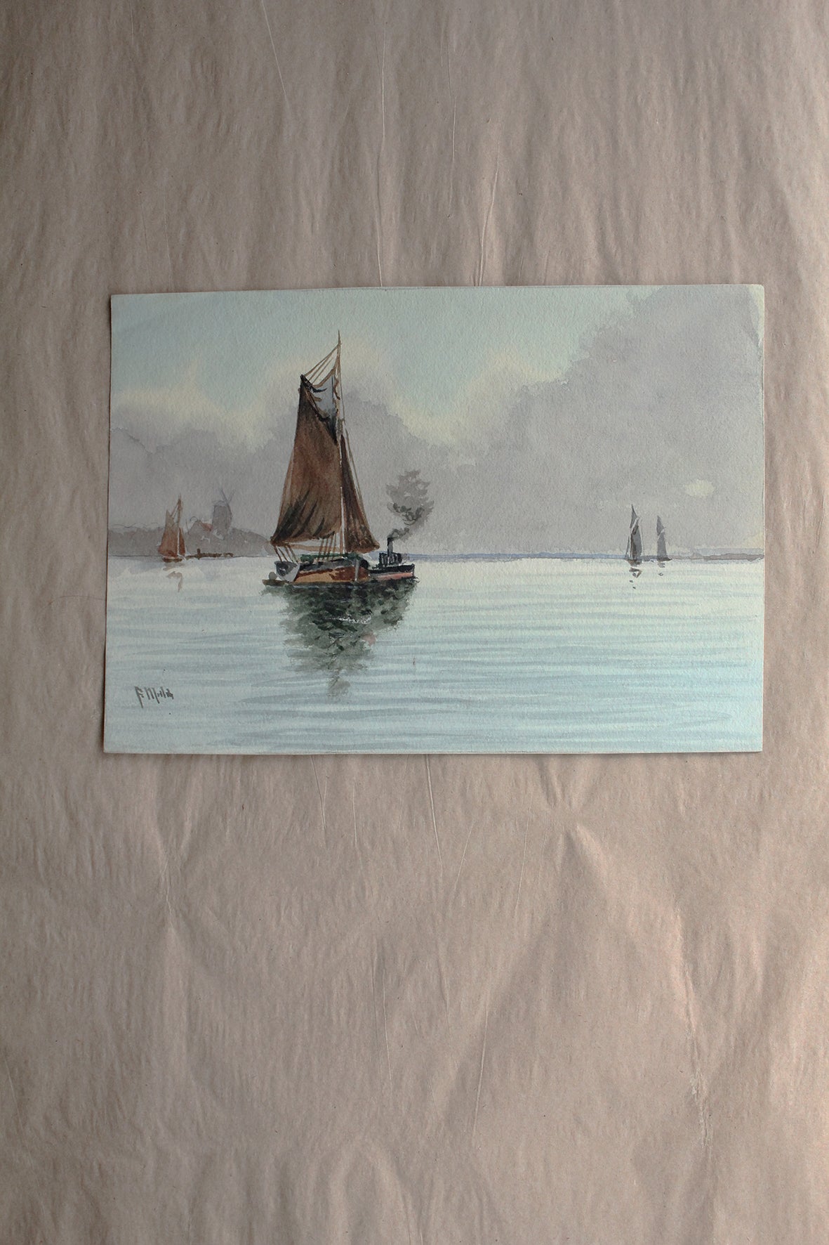 Old Small Watercolour Painting - The Waiting Boats